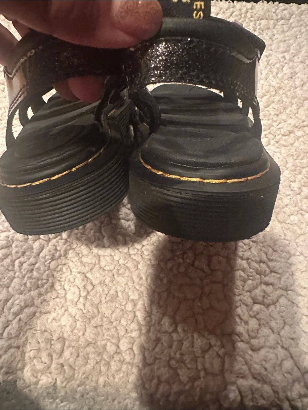 Dr. Martens Kids Black Glitter Sandals with Pink & Yellow Flower Accents